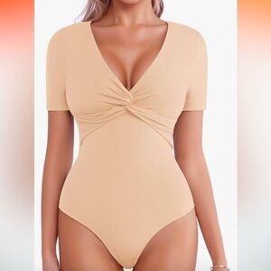 NWT MANGOPOP Women's Sexy Twist Front Deep V Neck Short Sleeve Bodysuit M
